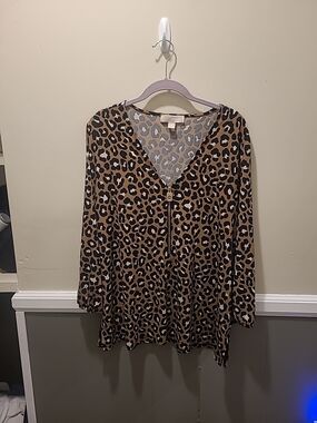 Michael Kors Womens XLarge Leopard Print Blouse Gold Zip V Neck 3/4 Sleeve Top